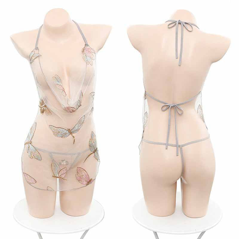 Image of Sexual Sentimental Fun Lingerie Sheer Pure Desire Halterneck Tie Butterfly Embroidery Pajamas Short Skirt Tease Passion Nightdress Set